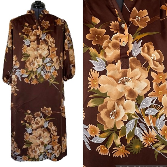 Vintage 60s 70s Brown Hawaiian Dress Casual Mumu MuuMuu House Dress Nightgown - Picture 1 of 14